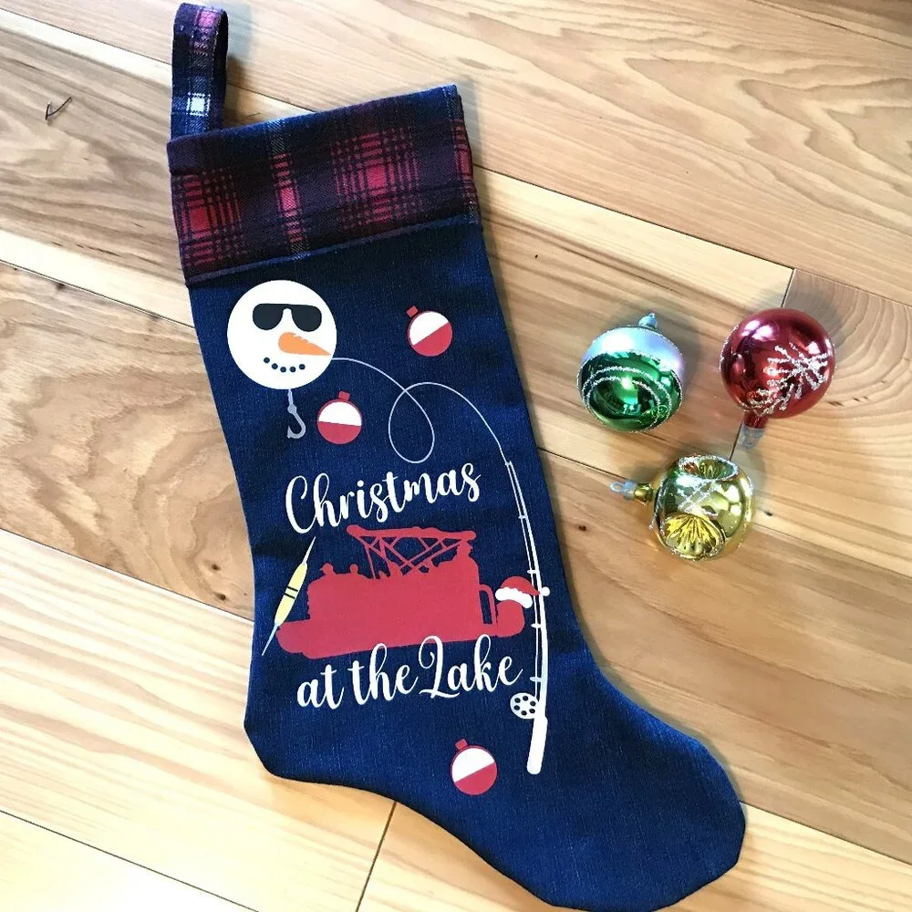 Recycled Denim Christmas Stocking, Lake Cabin Decor Pontoon Fishing Boat